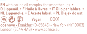 Etykieta produktu kosmetycznego z opisem Olejku do ust w wielu językach, napisem Vegan i adresem cosnova.