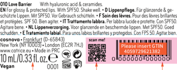 Tył opakowania balsamu Catrice 010 Love Barrier, 10 ml. Widoczny kod QR i miejsce na GTIN 4059729621382.