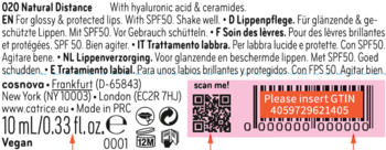 Tył opakowania balsamu Catrice Glaze Guard 020 Natural Distance 10ml z info o SPF 50 i kodem GTIN.
