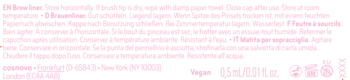 Niewyraźny tekst w kolorze różowym na białym tle, informacje o produkcie Catrice Feather Brow Filler.