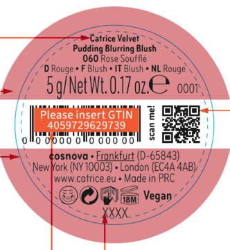 Tył różu Catrice Velvet Pudding Blurring Blush 060 Rose Soufflé z GTIN, wagą 5g i info o marce.