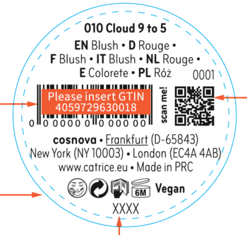 Okrągła etykieta różu Catrice Cloud Tint 010 Cloud 9 to 5 z kodem GTIN, QR kodem i informacjami "Vegan" i "Made in PRC".