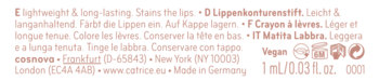 Close-up of Catrice lip tint packaging with multilingual text, including 'Made in Germany', volume 1ml/0.03fl.oz, and icons.