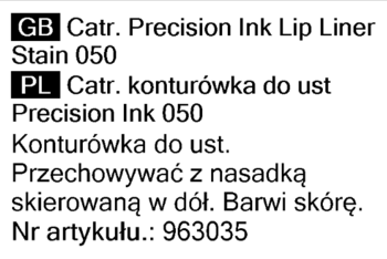 Tekst z etykiety Catrice Precision Ink Lip Liner Stain 050, PL/GB, konturówki do ust z instrukcją i numerem artykułu.