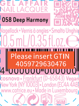 Etykieta lakieru Catrice GEL AFFAIR 058 Deep Harmony, żelowe wykończenie, różowo-biała z GTIN.