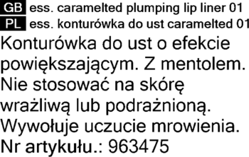 Tekst: essence caramelted plumping lip liner 01. Konturówka z mentolem, efekt powiększający, mrowienie.
