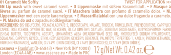 Fragment etykiety maseczki essence 01 Caramelt Me Softly. Widoczny opis "Lip mask with sweet caramel scent" i skład.