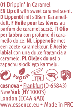 Tylna etykieta olejku do ust essence 01 Drippin' In Caramel, z opisem, symbolami vegan i 12M.