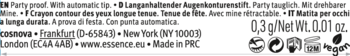 Tył opakowania essence Lash PRINCESS PARTY eyeliner, waga 0,3g/0.01oz, 'Made in PRC'.