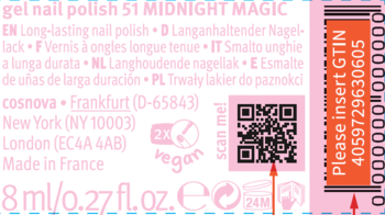 Tył etykiety lakieru essence 51 Midnight Magic: różowo-białe tło, tekst, kod QR, info o GTIN i pojemności 8ml.
