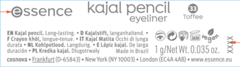 Etykieta essence Kajal Pencil Eyeliner 33 Toffee. Widoczne: Long-lasting, 1g/0.035oz, Made in Brazil.