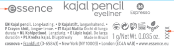 Etykieta kredki Essence Kajal Pencil 34 Espresso: długotrwała, wegańska, brązowa, waga 1g.