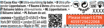 Etykieta balsamu essence Hydra Kiss 03 Cocoa Kiss, z opisem EN Ultra-nourishing, GTIN 4059729622068 i symbolami.