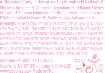 Tył opakowania błyszczyka essence milky GLAZED 01 Sheeriously Creamy, widoczna lista składników, logo vegan.