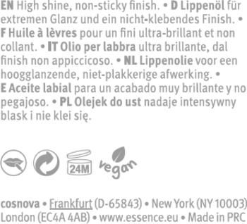 Tył opakowania lipgłossu Essence z opisem 'High shine, non-sticky finish', symbolami: 24M, vegan, recykling.