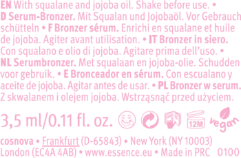 Tył różowego serum-bronzeru 3,5ml z jaojobą i skwalanem, z tekstem informacyjnym i logo vegan.