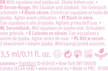 Tył serum do policzków essence z instrukcjami po polsku, angielsku i innymi językami, objętość 3.5ml, symbol vegan.