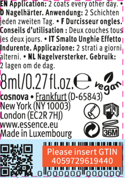 Tył etykiety utwardzacza essence EXTREME NAIL HARDENER z instrukcjami i GTIN 4059729619440.