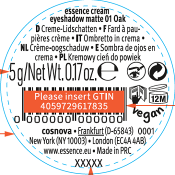 Tył okrągłej etykiety essence cream eyeshadow matte 01 Oak, z wagą 5g, ikonami PAO 12M i vegan.