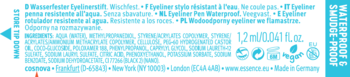 Tył wodoodpornego eyelinera z pełnym opisem składników, objętością 1.2ml i informacjami w wielu językach, na błękitnym tle.