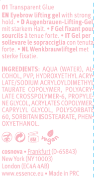 Essence transparentny żel do brwi z białej tubce z różowymi napisami, widok z przodu, mocne utrwalenie.