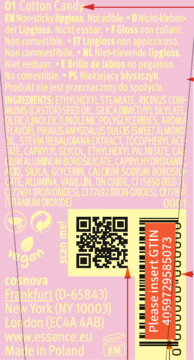 Tył różowej etykiety nieklejącego błyszczyka 01 Cotton Candy. Widoczne składniki, kod QR i numer GTIN.