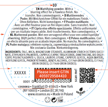 Tył białej, okrągłej etykiety matującego pudru lub bronzera essence, z efektem blur, składem i GTIN.
