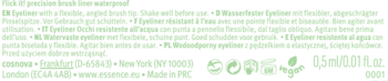Etykieta wodoodpornego eyelinera 0.5ml, opis produktu w wielu językach, ikony certyfikacji, na jasnym tle.