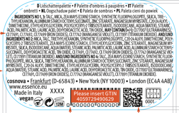 Tył opakowania paletki cieni do powiek essence z listą składników, napisem vegan i kodem GTIN.