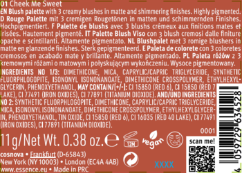 Tył brązowej palety różów Essence 21 Cheek Me Sweet z listą składników, wagą 11g i certyfikatem vegan.