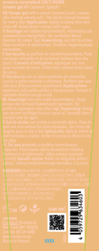 Tył karmelowego żelu pod prysznic essence JUICY BOMB Caramel Splash, widoczny kod kreskowy i skład.