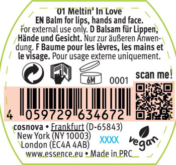 Etykieta balsamu essence 01 Meltin' In Love do ust, rąk i twarzy. Zielono-biała, z kodem kreskowym, ikoną 6M i tekstem.