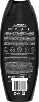 Tył czarnej butelki Palmolive Men Intense Lock In żel pod prysznic 500ml. Opisy, kod kreskowy, ikony natury i zapach drzewno-pikantny.