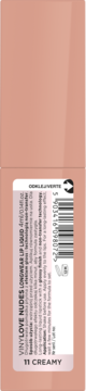 Płynna pomadka VinyLove Nudes Longwear, odcień 11 Creamy, widok z boku beżowej buteleczki z etykietą o efekcie gloss.