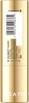 Tył złotej pomadki Celebrity Nudes Satin w odcieniu 01 Milky Pink z etykietą i kodem kreskowym.