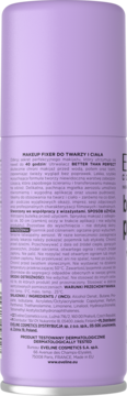Fioletowy spray Eveline Better Than Perfect Makeup Fixer, tył opakowania z widoczną etykietą i składem.