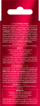Tył czerwonego opakowania maski do ust na noc. Opis składników: PDRN, CICA, ceramidy i peptydy.