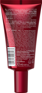 Tył czerwonej tubki Eveline Wonder Match BB Cream SPF 50 z białymi napisami po polsku i angielsku, 30 ml.