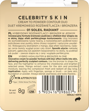 Tył opakowania CELEBRITY SKIN Cream to Powder Contour Duo 01 Soleil Radiant 8g z opisem w jęz. ang.