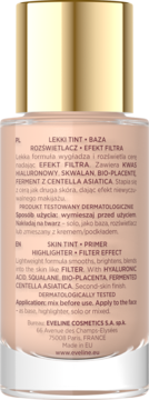 Eveline Lekki Tint + Baza, rozświetlacz z filtrem, w szklanej butelce z złotą nakrętką, przód.