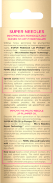 Tył opakowania Super Needles, olejku powiększającego do ust z mikroperełkami, instrukcja użycia, beżowy kartonik.