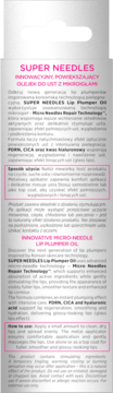 Tył opakowania olejku do ust Super Needles Lip Plumper Oil z opisem i instrukcją użycia.