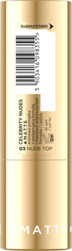 Tył złotej tuby matowej pomadki CELEBRITY NUDES 03 NUDE TOP. Widoczny kod kreskowy i etykieta do odklejenia.