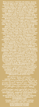 Tył opakowania Wody perfumowanej Attraction dla Niej, biały tekst z ostrzeżeniami i danymi na złotym tle.