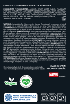 Tył opakowania perfum Spider-Man Eau de Toilette z listą składników, ostrzeżeniami i logo Marvel.