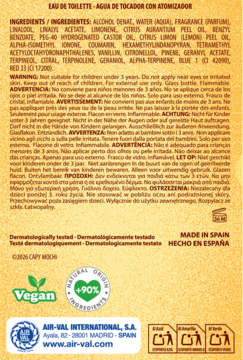 Tył opakowania wody toaletowej Capy Mochi. Widoczne składniki, ostrzeżenia i certyfikaty Vegan.