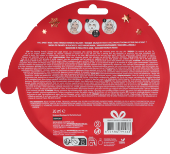 Czerwona maseczka Sence Facial Mask Christmas Glazed Apple, tył okrągłego opakowania z instrukcjami i składem.