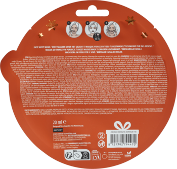 Tył opakowania Sence Facial Mask Christmas Cookie, pomarańczowe z napisami i instrukcją użycia.