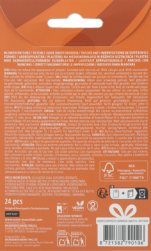 Sence Blemish Sticker Christmas Cookie, tył opakowania z listą składników, wielojęzycznym opisem. 24 sztuki.