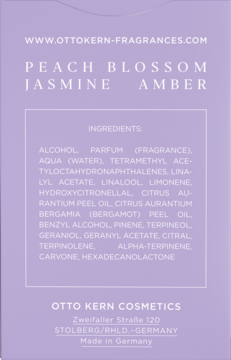 Tył jasnofioletowego opakowania perfum Otto Kern Peach Blossom Jasmine Amber, widoczna lista składników.